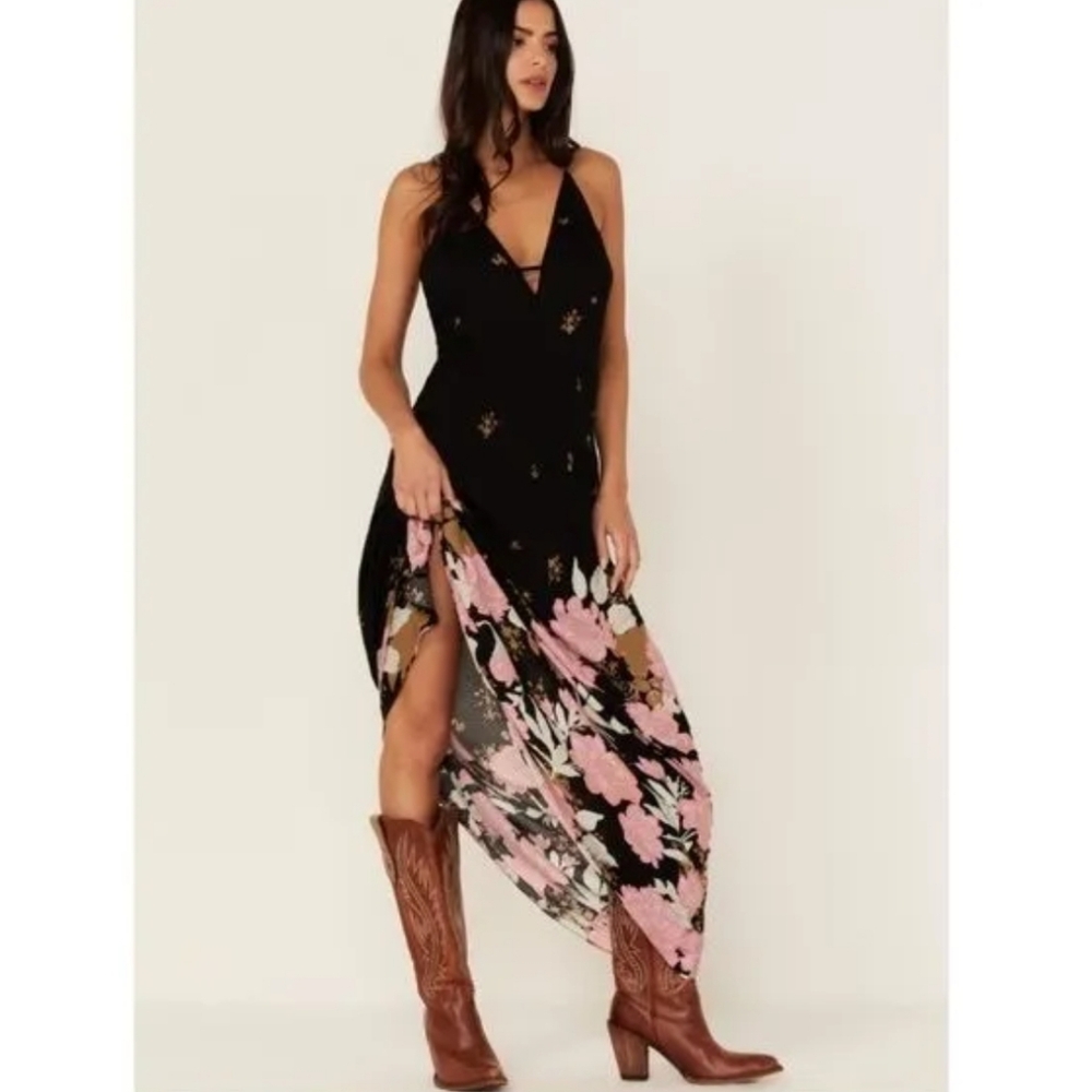 Free People Black Maxi Dress with Pink Floral Panel